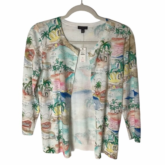 Talbots Tropical Palm Tree Cardigan XS NWT - Picture 2 of 9